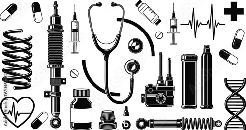 Medical and Pharmaceutical Icons Set with Syringes, Stethoscope, Medicine Bottles, DNA, Heartbeat, Springs, and Health Equipment for Healthcare, Treatment, and Medical Professionals