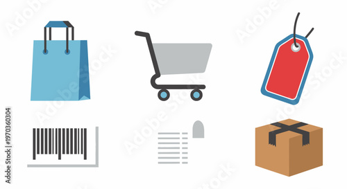 Shopping icons shopping bag cart price tag barcode list and box