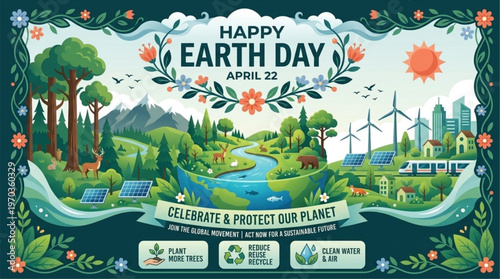 Happy Earth Day April 22 Celebrate Protect Our Planet Eco Landscape Banner
