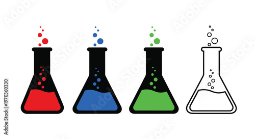 Four beakers with colorful liquids presented as a stark silhouette