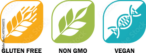 Vector Icons Set with 'Gluten Free', 'Non GMO', and 'Vegan' Product Badges on White Background