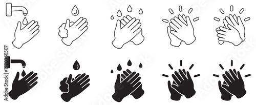 Hand Washing Icon Collection, wash hands vector icons, soap bubbles, water tap, droplet symbols, editable vector set, flat and line style design