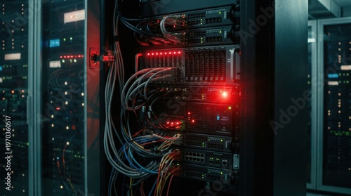 Close-Up of Server Rack LED Lights and Cable Infrastructure