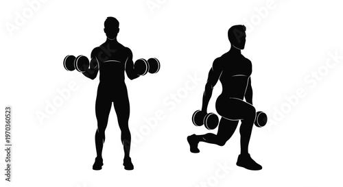 Man exercising with dumbbells in two poses a striking silhouette