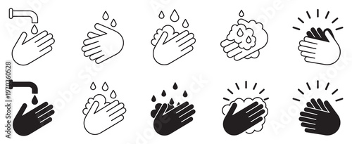 Hand Washing Icon Set, vector illustrations, hand hygiene symbols, water tap, soap and droplet icons, editable flat and stroke design