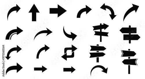 Collection of black arrow icons in various directions flat style silhouette