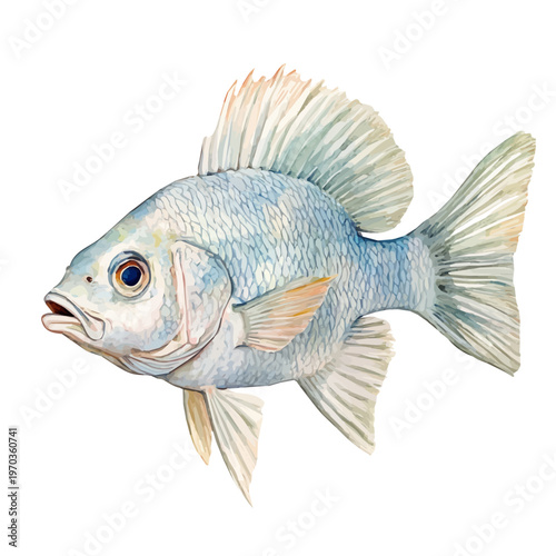 Tilapia, semi-realistic fantasy illustration, gentle magical details, watercolor painting, isolated on white