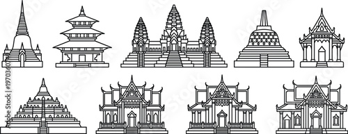 Southeast Asian temple landmarks vector illustration set featuring Angkor Wat Borobudur and traditional Buddhist pagoda architectural icons,