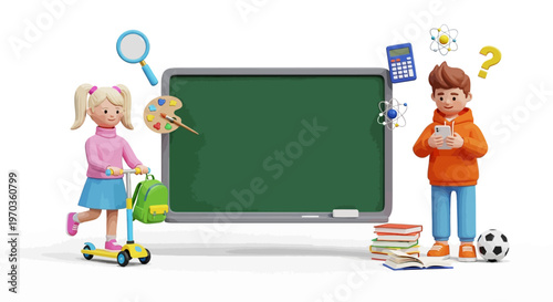 Cute 3D illustration of children and school supplies around a blackboard, symbolizing education and learning