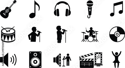 Music and Entertainment Icons Set with Guitar, Microphone, Drums, Headphones, Vinyl, Speakers, and Music Notes for Audio, Performance, and Entertainment Themes
