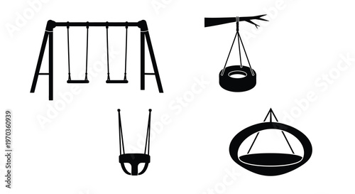 Playground swings and elements depicted in a stark black silhouette