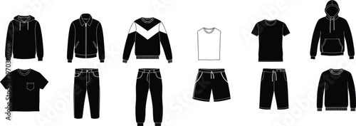 Fashion silhouette collection clothing items displayed in black and white