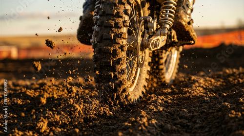 Dirt bike rider jumping over muddy track in golden hour light. Motocross action with tire splash and off-road thrill. Extreme sports adventure and racing concept.