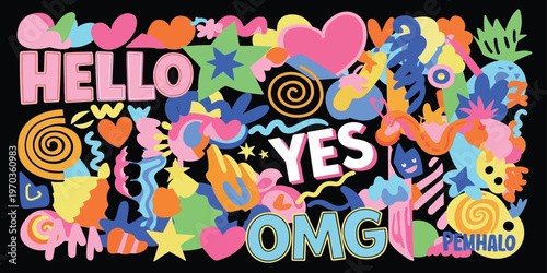 Vibrant Abstract Doodle Illustration with Playful Lettering