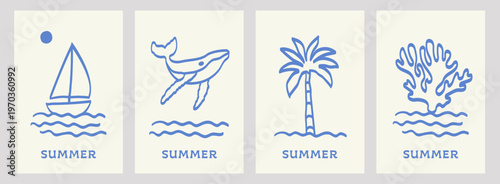 Hand-drawn minimalist doodle vector illustration set: a sailboat on waves under the sun,a whale above water,a palm tree by the sea,and coral in the ocean.Ideal for summer designs,t-shirts, and posters