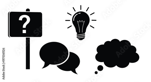 Question mark lightbulb and thought bubbles in a dark silhouette