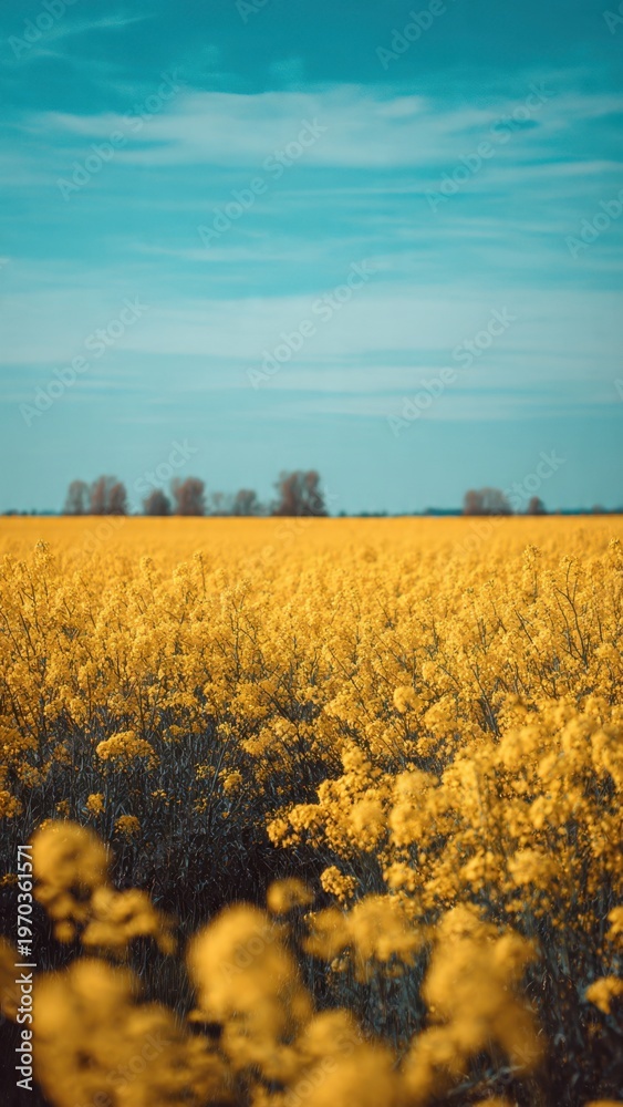 Fototapeta premium Golden Yellow Flower Field Under Blue Sky