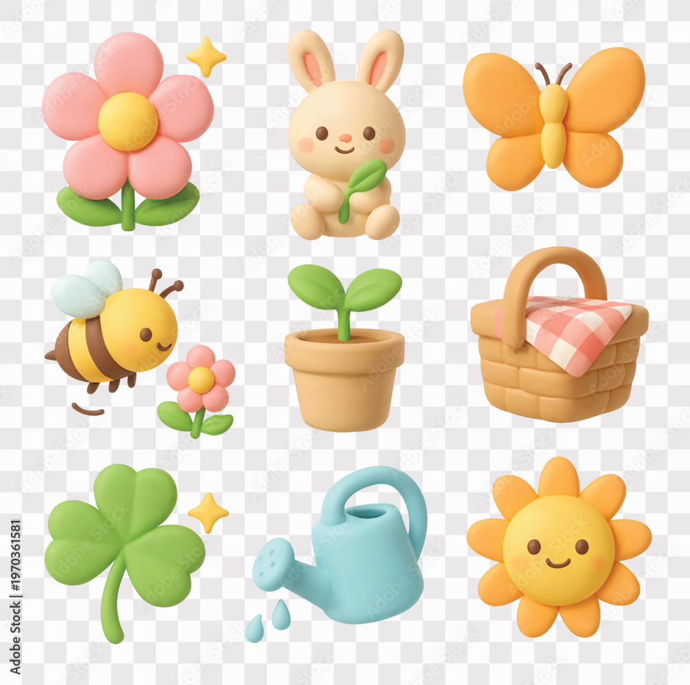 Fototapeta premium Spring Vector Icon Set | 3D icon set | Flower, Rabbit, Butterfly, Bee, Sprout in a Pot, Picnic Basket, Clover, Watering Can, Sun
