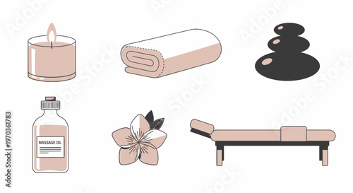 Spa and wellness icons candle towel stones oil flower massage bed design