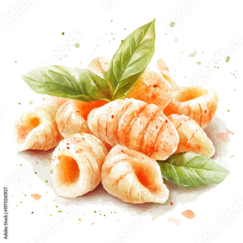 Gnocchi, semi-realistic fantasy style, subtle magical elements, soft glow, watercolor illustration, isolated on white background