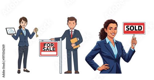 Real Estate Agent Characters Set with For Sale and Sold Signs and House Key Illustration