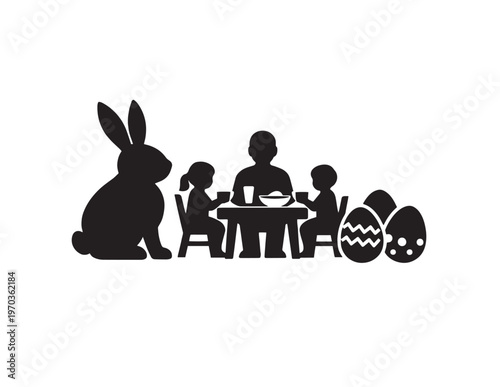 Easter family dinner silhouette, festive holiday meal with children, parent, and large rabbit, decorative Easter eggs vector graphic, black and white illustration for seasonal designs.