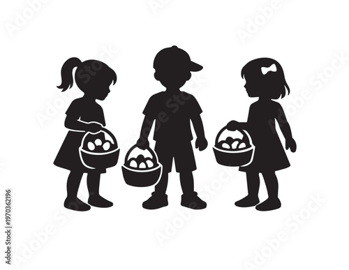 Children's Easter egg hunt silhouettes, three kids holding baskets filled with eggs, playful childhood activity vector illustration, black and white graphic resource.