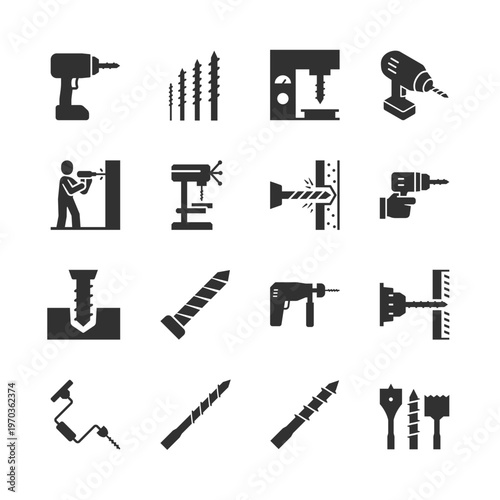 Drilling tools and equipment, monochrome icons set. Electric drill, drilling process, construction tools, screw and fastener installation, industrial and home repair work. Black and white symbols