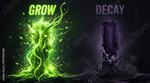 On one side, green plants grow with light and energy. On the other side, a broken stone symbolizes decay