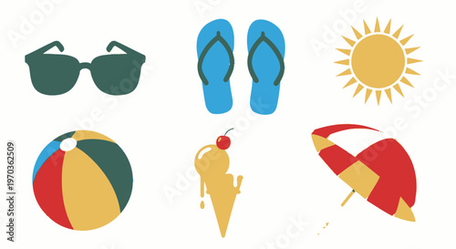 Summer vacation icons sunglasses flip flops sun beach ball ice cream umbrella