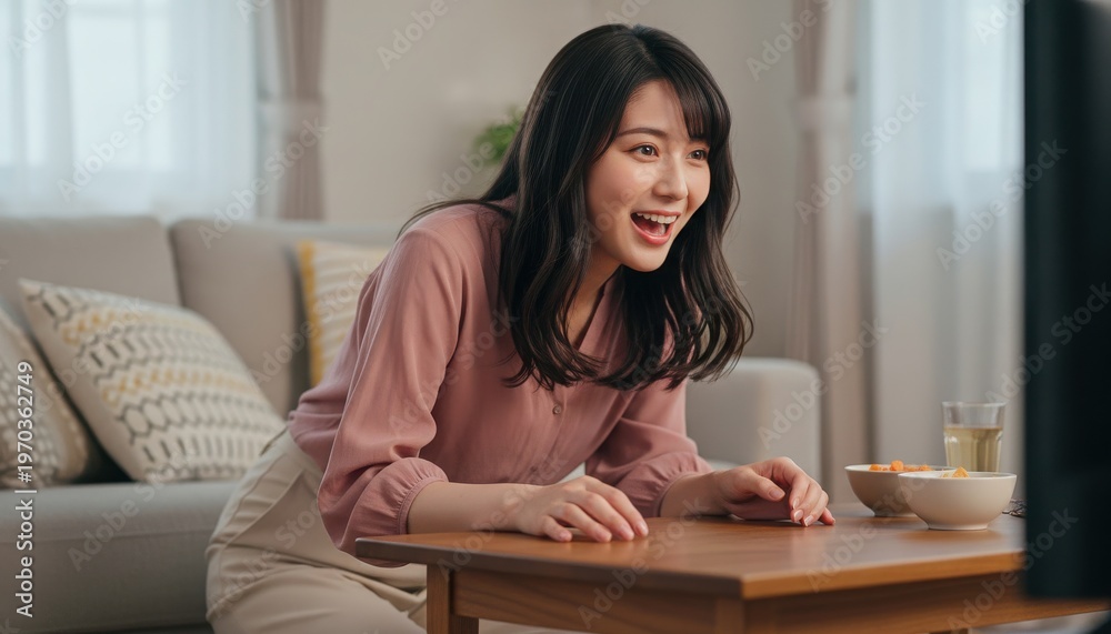 Obraz premium 自宅のテレビの前で身を乗り出してサッカー観戦する女性