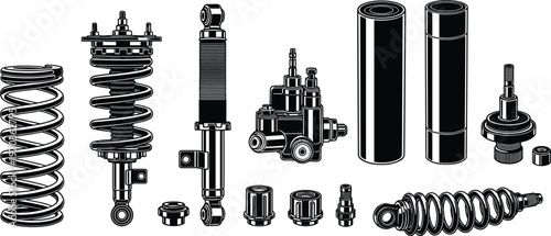 Suspension System and Mechanical Parts Icons Set with Springs, Shock Absorbers, and Valves for Automotive, Engineering, and Vehicle Maintenance