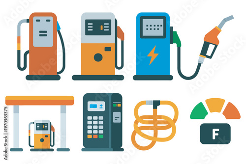 Gas Station Vector Illustration, featuring fuel pumps and dispensers, flat style design, refueling station icons, automotive service concept, editable vector graphics