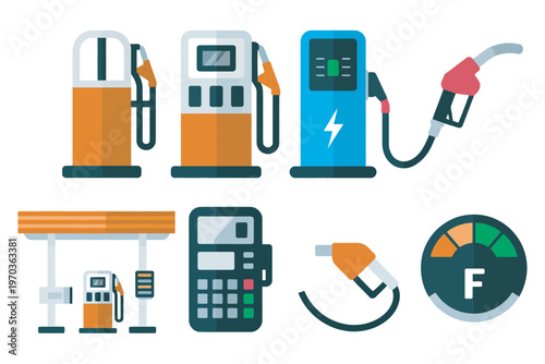 Gas Station Vector Illustration, featuring fuel pumps and dispensers, flat style design, refueling station icons, automotive service concept, editable vector graphics