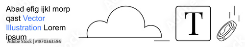 Technology, finance, communication, digital platforms, cloud computing, visual design. Cloud icon, typography block falling coin. Technology and finance concept for digital platforms and computing