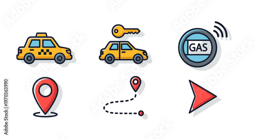Transportation icons taxi car key gas location route and arrow