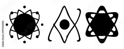 Quantum computing qubit atom set with solid black icon on white background featuring qubit, atom, quantum mechanics with iconography and vector graphics