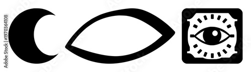 Eye icon set with solid black graphic on white background featuring eye, computer, vision, scanning with technology and design