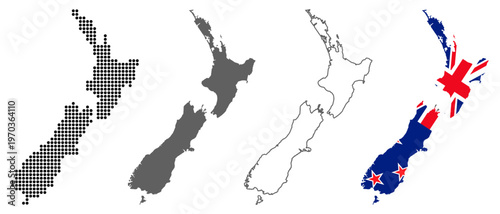 New Zealand country map vector set with dotted pattern solid silhouette outline and national flag illustration