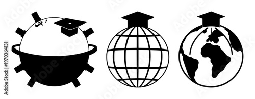 Educational globe icon set with solid black shapes featuring school, graduation, knowledge with learning and university
