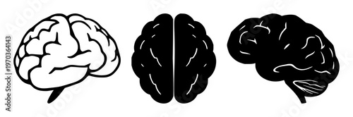 Brain learning icon set with solid black design on white background featuring brain, education, knowledge with memory and growth