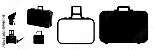 Digital nomad suitcase icon set with solid black icon on white background featuring suitcase, travel, icon with black and nomad