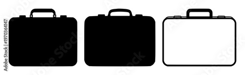 Office briefcase icon set with solid black silhouette on white background featuring business, travel, security with formality and professionalism