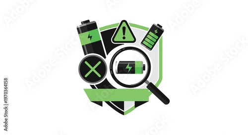 A protective security shield emblem features multiple battery charging icons and a magnifying glass to highlight efficient energy management and safety.