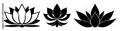 Lotus flower icon set with solid black outline on white background featuring mindfulness, meditation, minimal line art with simplicity and clarity