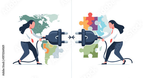 Two professional businesswomen in formal attire work together to connect massive black industrial power plugs against a vibrant multicolored global map background.