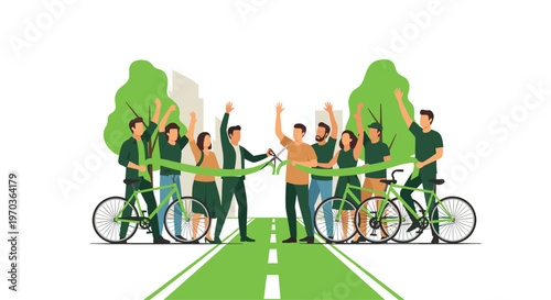 A cheerful group of diverse urban citizens celebrates the grand opening of a new green bicycle path by cutting a long ceremonial ribbon outdoors.