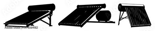 Solar thermal water heater set with solid black icon on white background featuring renewable energy, heating, water treatment with sustainable efficiency and clean technology