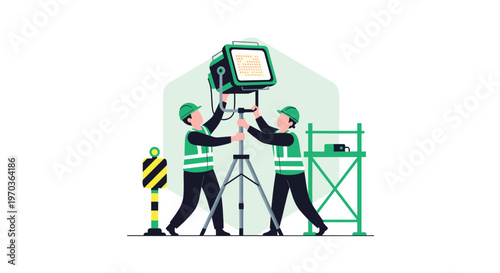 Two professional technicians wearing bright green safety vests and protective helmets meticulously adjust a large industrial floodlight mounted on a sturdy metal tripod stand.
