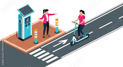 Two active women wearing vibrant pink shirts utilize a modern blue electric vehicle charging station powered by a sleek solar panel in an urban setting.